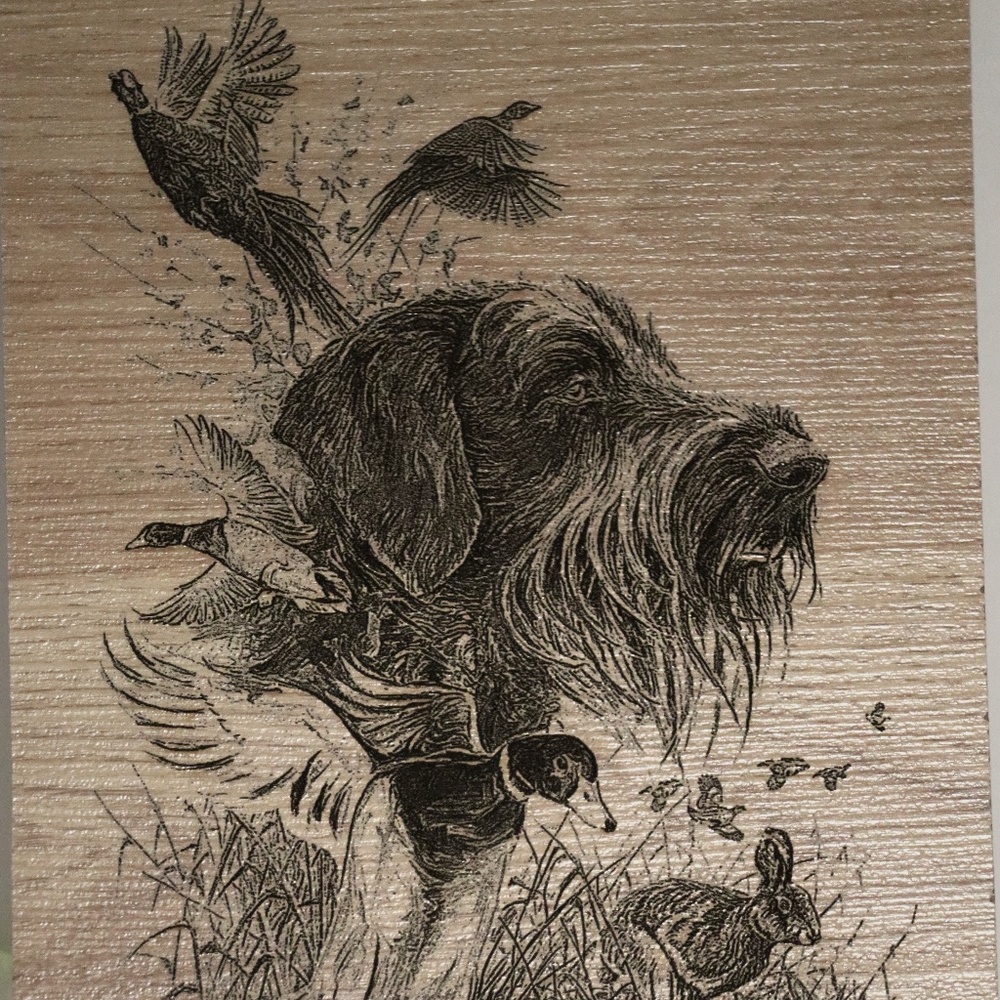 Let's Go Hunting.  Montage of hunting dog, laser engraved
